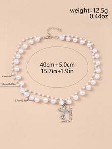 1pc Creative Double-Layer Pearl Cross Necklace, For Daily Wear - Silver - View 3
