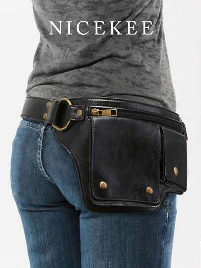 Fashionable European And American Medieval Retro Shoulder Belt Shoulder Bag, Men's And Women's Outdoor Sports Adjustable Zipper Buckle Bag, Punk Motorcycle Style Waist Bag, Mobile Phone Bag, Casual Versatile Bag, Suitable For Daily Outdoor Street Photography