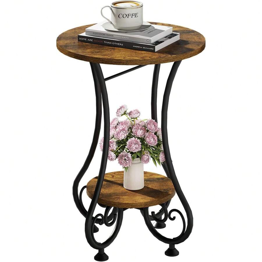 End Table, Round Side Table For Small Spaces, Coffee Tea Table Nightstand Home Decor For Living Room Balcony Bedroom Office,Rustic Brown & Black,15.75" L X 15.75" W X 24.0" H - Rỉ Nâu - Xem 1