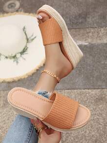 Damen Stroh Keil Seil Offene Zehe Pantoffeln, Dicke Sohle Erhöhte Plateau Sandalen für Sommer Outdoor Tragen