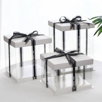 1pc White Transparent Birthday Cake Box, 1 Layer, 2 Layer, 3 Layer Baking Cake Packaging Box, Includes 1pc 3 Yard Black Letter Ribbon