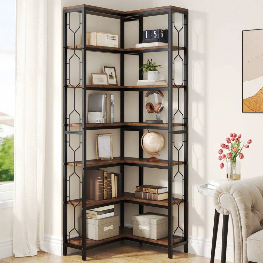 Tribesigns Corner Shelf, 7-Tier Industrial Corner Bookshelf, Wood And Metal Corner Etagere Bookcase, Freestanding Display Shelf For Living Room, Kitchen, Home Office, Gray And Black