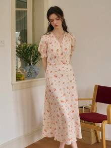 Simple Retro Spring - Summer Woven Dress With Cherry Print, V - Neck, Puff Sleeves And Smocking - Apricot - View 6