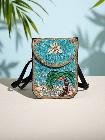 串珠棕榈树设计夏季假日旅行袋可容纳手机/钥匙/纸巾时尚实用的手工配饰多功能海滩/街头服饰女士钱包钱包钱包