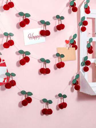 Cherry Garland Decoration, Cherries Birthday Decoration Pompom, Cherry Plush Ball, DIY Threading Banner, Bedroom Wall Decoration Hanging, Holiday Party Room And Wall Decoration, Mother's Day Graduation,Living Room Decor
