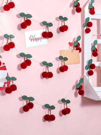 Guirnalda de cerezas decorativa, decoración de cumpleaños con pompones de cerezas, bola de peluche de cereza, banderín de hilo DIY, decoración colgante para pared de dormitorio, decoración de fiesta, habitación y pared para el Día de la Madre, graduación, decoración de sala de estar