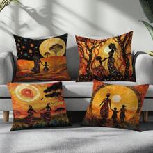 4pcs African Art Sunset Life African Women Printed Throw Pillow Covers [No Pillow Insert], 17.7*17.7in(45*45cm), [Single-Sided Printing] Farmhouse Rural Landscape Polyester Decorative Cushion Covers, For Sofa, Bed, Living Room, Bedroom, Car, Office, Hotel Decor, All Seasons Perfect Gift For Family & Friends