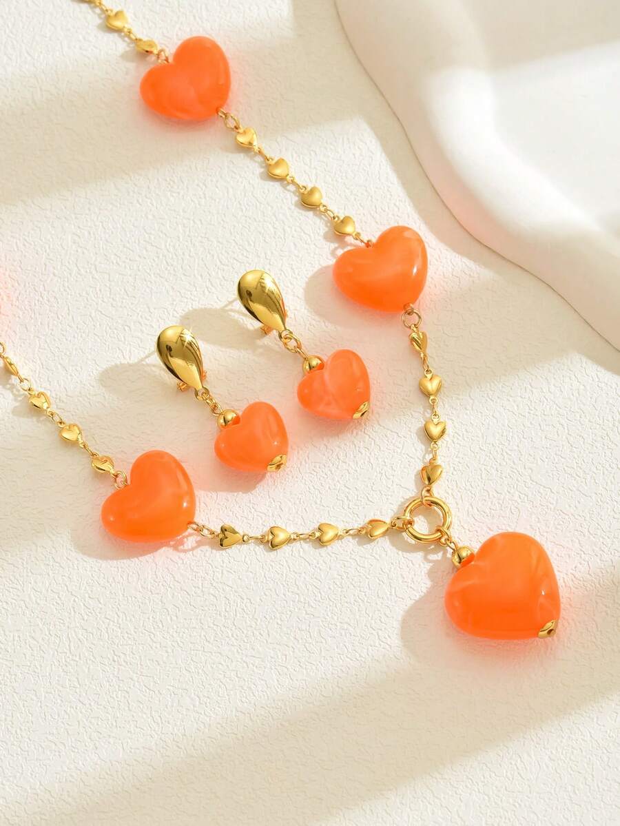3pcs/Set Polyresin Heart Shape Elegant Necklace & Earrings Jewelry Set, Suitable For Party, Banquet, Holidays, Great Mother's Day Gift - Multicolor - View 1