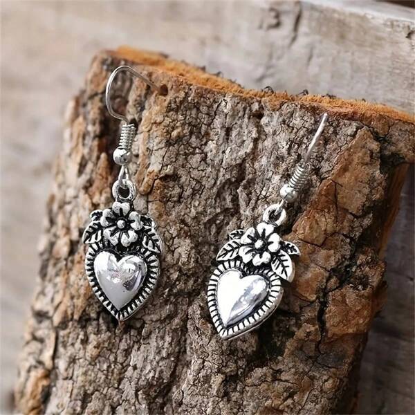 Vintage Flower & Heart Charm Earrings, Fashionable Attractive Jewelry Gift