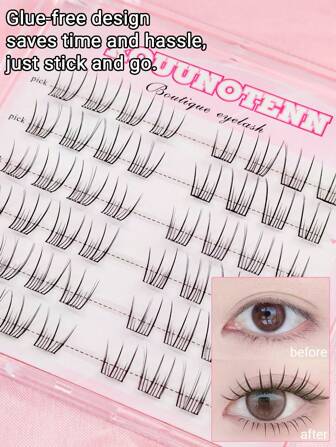 KOUUNOTENN 36 Clusters C Curl No Glue Needed Eyelashes, Korean Girl Group Style Glue-Free Press-On Lashes Reusable & Long-Lasting, Japanese Makeup Thick And Natural Look, Wispy Eyelash Extensions, Ideal Gift For Women & Girls, Comfortable To Wear Without Irritation