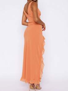 Damska 1 Flirty Orange Ruffle Hem Slit Maxi Dress z Głębokim Dekoltem w Serek, Elegancki Styl Wieczorowy, Idealna Na Kolację I Koktajle