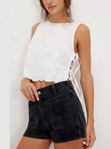 Women Y2K Tie Side Vest Tops Vintage Floral Embroidery Sleeveless Crewneck Lace Up Loose Cropped Tank Tops Aesthetic Camisoles Crop Tops Summer Going Out Shirts Tops - trắng - Xem 2