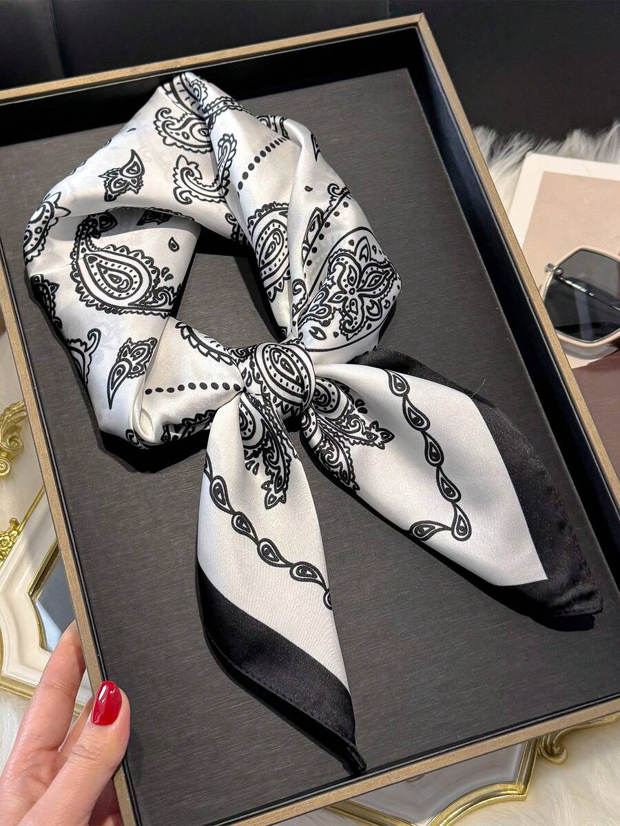 1条70厘米佩斯利花纹仿丝方巾，女士适用，可作头巾、腰带、发饰、时尚领巾搭配连衣裙 - 黑與白 - 查看 1