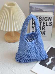1pc Bohemian Style Woven Tote Bag, Striped Woven Handbag, Beach Bag, Casual Versatile Hollow Woven Handbag, Beach Bag
