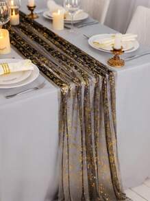 1pc Sheer Organza Table Runner, Party Dining Table Decor, Metallic Foil Gauze Table Runner, Suitable For Halloween, Christmas, Weddings, Birthdays, Influencer Restaurants, Food Photography Backdrops, Eid Al-Fitr Decoration