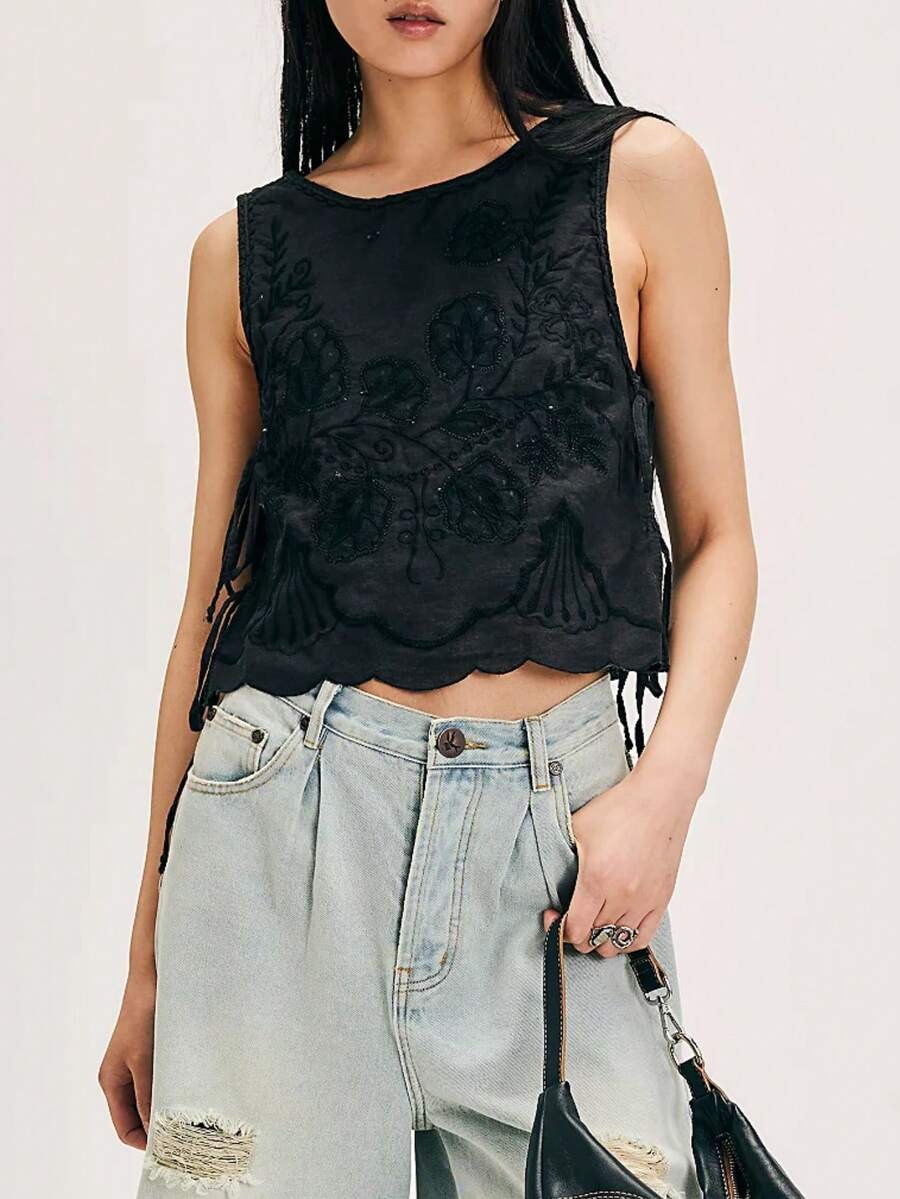 Women Y2K Tie Side Vest Tops Vintage Floral Embroidery Sleeveless Crewneck Lace Up Loose Cropped Tank Tops Aesthetic Camisoles Crop Tops Summer Going Out Shirts Tops - 黑色 - 查看 1