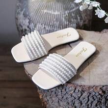 Plus Size Women Student Sandals Slip-On Flats Summer New Silver Square Toe Ladies Sandals Rhinestone Non-Slip Soft Bottom Strap Slides, Fashion Wear With Dress, Suitable For Beach, Preferred By Matron