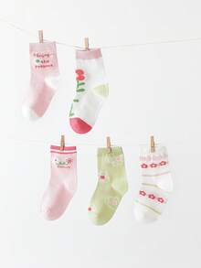 5 Pairs Flower, Stripe & Letter Print Breathable Mesh Mid-Calf Socks For Girls, Versatile To Wear For Spring & Summer
