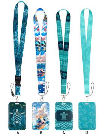 1pc Beach Vacation Style Sea Turtle Blue Pattern Lanyard ID Card Holder, Hard Case Key Chain For Transit Card, ID Card, Work Card, Student Card, Exhibition Card, Event Entry Card,School Supplies,Back To School