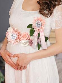 3件套 - 婴儿派对孕妇托腹带 - 粉色花朵托腹带，准妈妈和准爸爸胸花别针，性别揭晓派对，迎婴派对，孕妇花朵托腹带，孕妇胸花别针装饰 - 粉色 - 查看 3