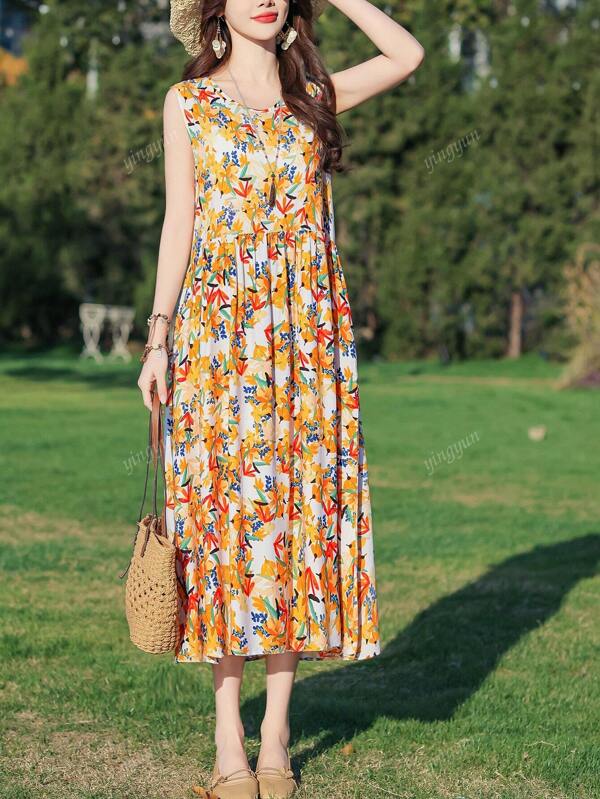 New Summer Women Fashion Elegant Casual Floral Midi Dress