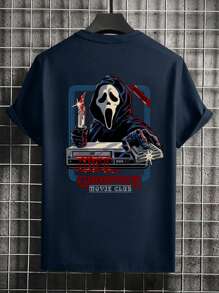 Camiseta Casual de Manga Curta com Estampa do Rosto do Fantasma de Filme de Terror, Plus Size para Homens, Versátil para Uso Diário