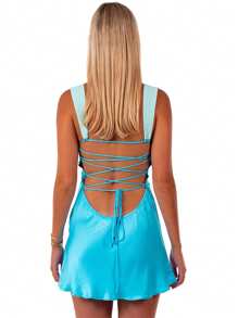 Summer Sexy Spaghetti Strap V Neck Halter Backless Bodycon Dress Elegant Stain Dress Blue Short Dress Evening Cocktail Party Dress For Women