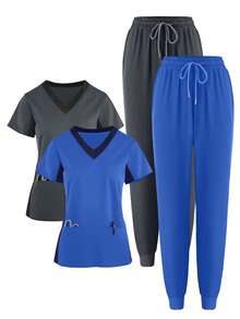 (Four-Piece Set) Scrubs Uniform Women's Running Matte Elastic Sports Nurse  Uniform Wash Clothes Work Clothes Breathable Scrub Shirt - 藍色 - 查看 1