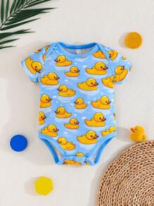 3pcs/Set Cute Duckling Print Baby Outdoor Casual Romper, Short Sleeve Snap-Up Triangle Bodysuits, Comfortable Easy-To-Wear Summer New Arrival