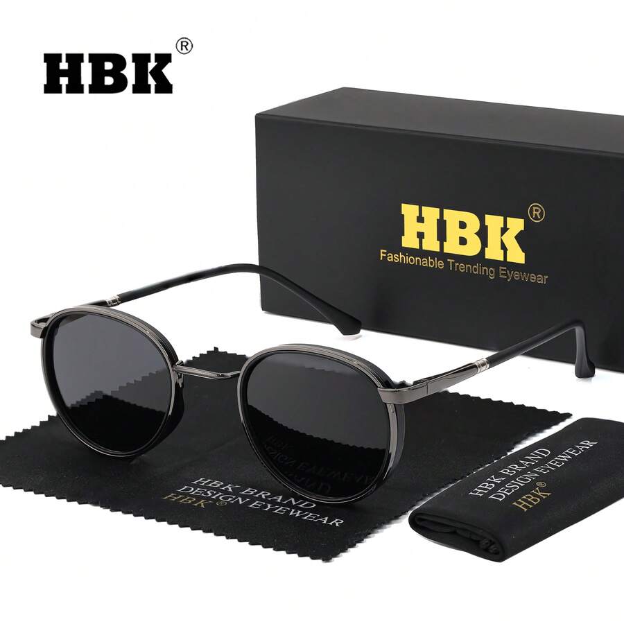 HBK 男士 TR90+ 金属时尚眼镜，圆形镜框，复古朋克风格，TAC 镜片，适合度假、驾驶、休闲、商务、日常生活等场合，配件齐全。