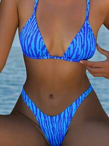 Women's Basic Striped Print Swimsuit, Suitable For Various Occasions From Pool To Beach In Summer, Daily Mini Triangle Bikini Beach Outfit - Dark Blue - View 1