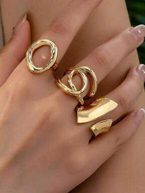 Set de 3 anillos únicos de estilo punk: anillos abiertos y redondos exagerados con superficie brillante, anillos de superficie curvada geométrica y anillos cruzados geométricos brillantes