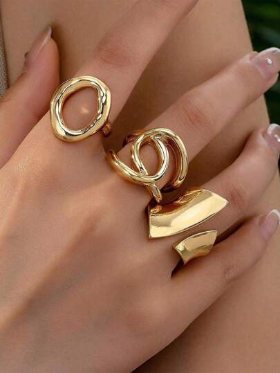 Set de 3 anillos únicos de estilo punk: anillos abiertos y redondos exagerados con superficie brillante, anillos de superficie curvada geométrica y anillos cruzados geométricos brillantes