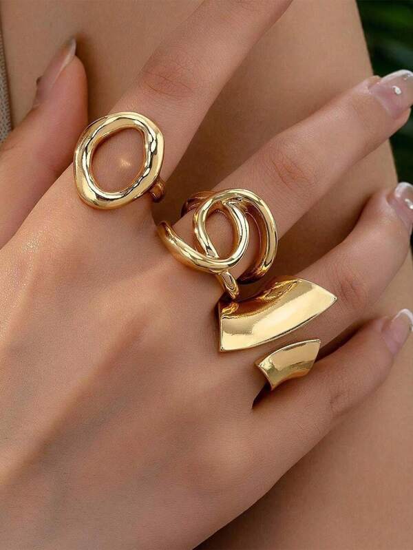 3 قطعة/طقم من الخواتم المميزة ذات الطراز البانك بمظهر مبالغ فيه لامع وفتحة مفتوحة، وخواتم ذات سطح منحني هندسي، وخواتم ذات صليب لامع بشكل هندسي