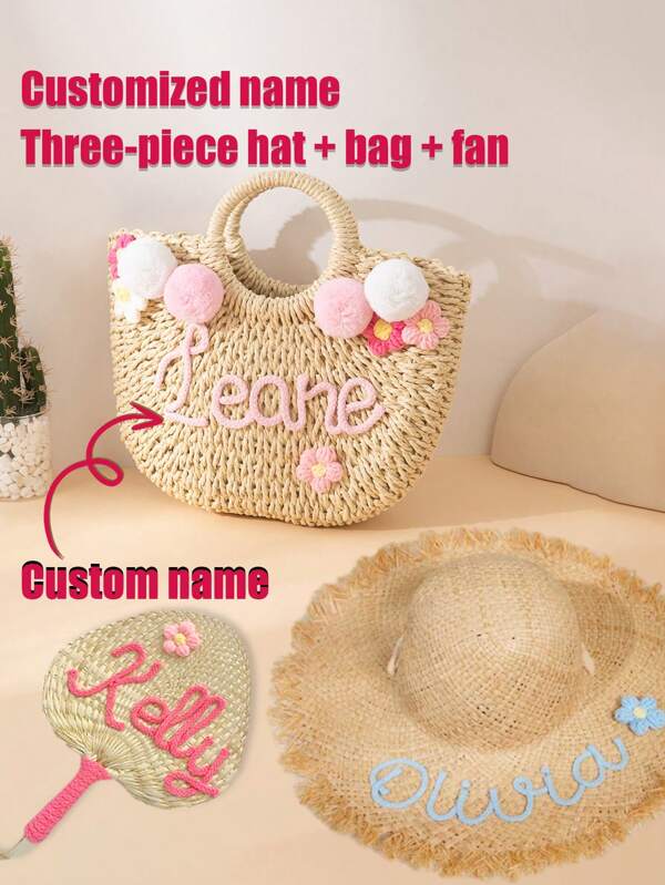 3 Pieces Set Custom Name Hat + Bag + Straw Fan Bohemian Style Women's Straw Hat Wide Brim Beach Sun Hat Foldable Female Soft Edge Braided Suitable For Travel Decoration Summer Vacation Soft Light Breathable, Stylish, Unisex, Casual, Custom, Personalized, Unique, Customized, Ideal Gifts For Him, Ideal Gifts For Her, Her, Boyfriend, Girlfriend, Family, Friends, For Valentine's Day, For Mother's Day, For Birthdays, For Children's Day, For Father's Day, For Graduation, For Weddings, For Housewarming,School Supplies,Back To School,For Office,For School,For Classroom,For Teacher Gifts,For University,For Colleague,For Dorm Rooms,For Teacher,For Boys And Girls,For Teenagers,Junior High School Students,Middle School Students,High School Senior High School Students,College Students,University Students,Freshman,Sophomore,Underclassmen,Chic Autumn,Apparel Accessories,Customized Hats