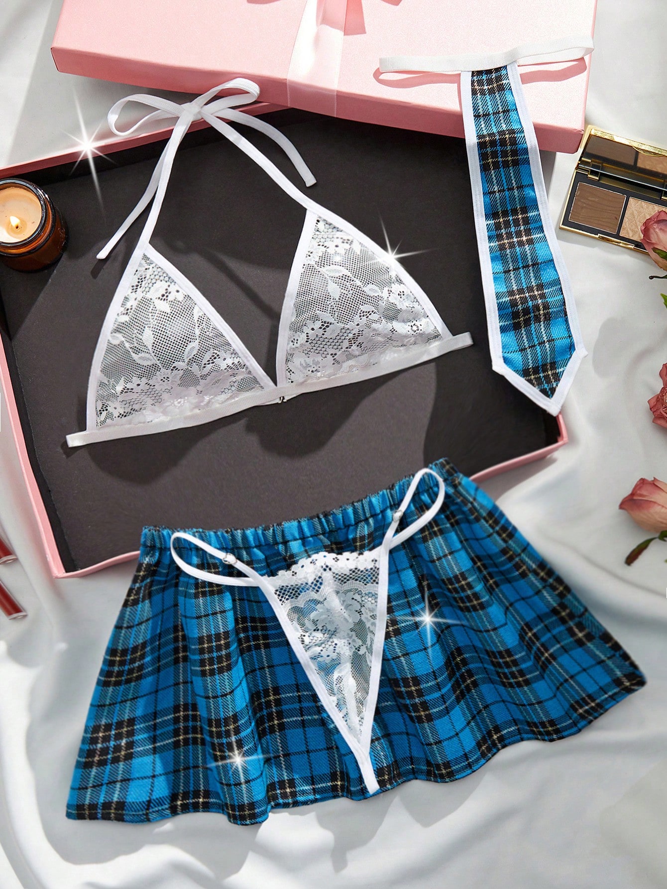 New Student Uniform Sexy Lingerie Set See Through Lace Bra Sexy Thong Red Plaid Skirt 4-Piece Set Women's Role-Play Uniforms Sexy Costumes Underwear Women