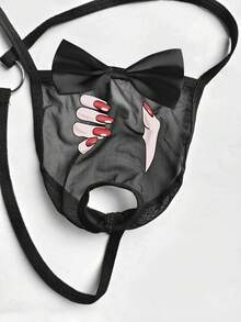 Men's Mesh Bow Decor G-String Briefs, Sexy Palm Print Pattern Thin Breathable Crotchless Pouch Underwear With Small Rings - Black - View 4