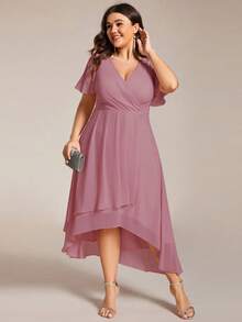 Plus Size Women Chiffon Ruffle Hem Solid Color Elegant High-Low Bridesmaid Dress - Dusty Pink - View 4