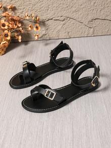 Sandalias planas para mujer 2025, sandalias tipo chanclas de moda versátil, diseño minimalista y cómodo, estilosas sandalias romanas de tiras en la parte trasera y tacón bajo casual - Negro - Ver 3