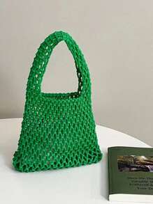 1pc Bohemian Style Woven Tote Bag, Striped Woven Handbag, Beach Bag, Casual Versatile Hollow Woven Handbag, Beach Bag