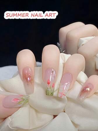 24 片夏季柔和芭蕾舞风格郁金香图案全覆盖闪光人造假指甲带美甲工具，适合女孩和女士，适合派对、婚礼和日常生活按压指甲美甲用品