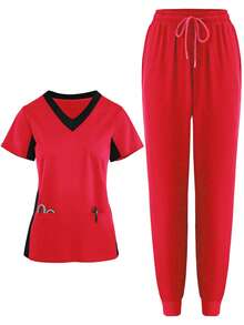 (Four-Piece Set) Scrubs Uniform Women's Running Matte Elastic Sports Nurse  Uniform Wash Clothes Work Clothes Breathable Scrub Shirt - Đỏ - Xem 7
