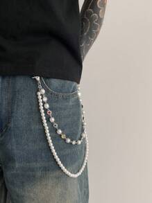 1pc Men's Faux Pearl Inlaid Gem Multi-Layer Metal Cross Pendant, Fashion Accessory, Punk Style Pants Chain, Key Chain, Waist Decor