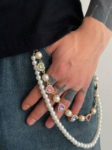 1pc Men's Faux Pearl Inlaid Gem Multi-Layer Metal Cross Pendant, Fashion Accessory, Punk Style Pants Chain, Key Chain, Waist Decor