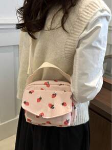 Corduroy Cute Strawberry Printed Fashion Handbag, Versatile Small Square Bag, Portable Clutch Shoulder Crossbody Bag