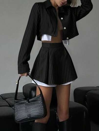 Office Ladies Striped Two Pieces Jacket And Shorts Contrast Color Suit, Solid Color And Simple, Casual Daily Wear
