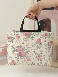 1PC Portable Lunch Box Bag With Blossoms Pattern Linen Cloth Insulated Bag For Office Workers And Students Portable Fashionable Large-Capacity Handheld Lunch Bag, Essential For Back To School Season - Multicolor - View 3