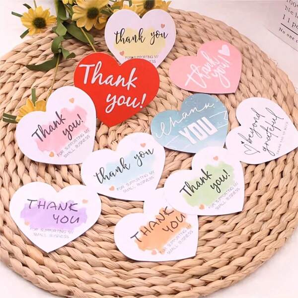 50pcs Heart-Shaped Pink Thank You Cards, Copper Paper Cards, Thank You Gift Packaging Cards, Party Supplies, Birthday Supplies, Wedding Supplies