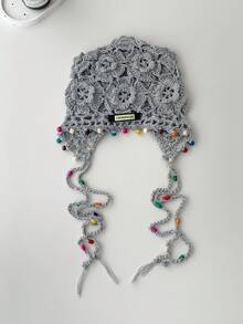 1 件女式手工钩针镂空透气头巾帽，艺术乡村复古风格针织花流苏无檐帽，波西米亚头带帽带耳罩，春夏