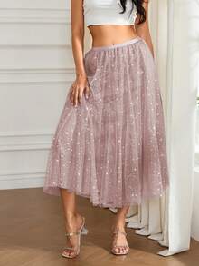 Women Starry Sky Mesh Tutu Skirt, Sequin Glitter Layered Tulle Maxi Skirt A-Line Party Skirt Dress - Hồng - Xem 1